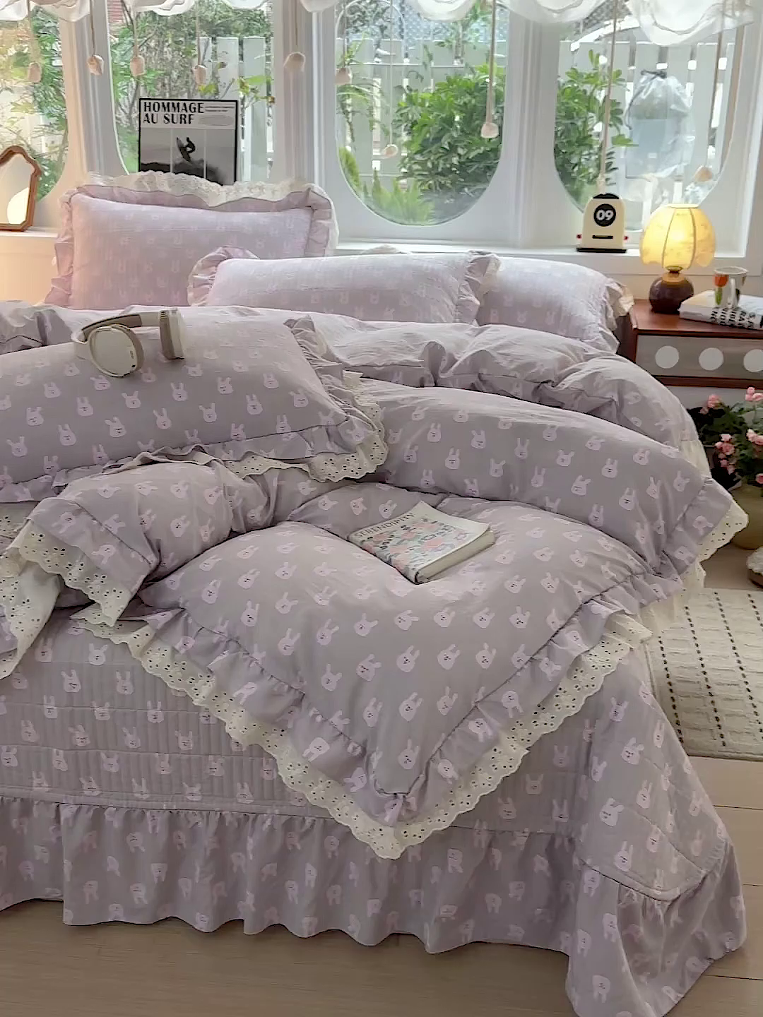 91家纺网 家纺一手货源 找家纺  梦莱斯 2026新款小清新可爱风纯棉花边床盖四件套 紫色小兔