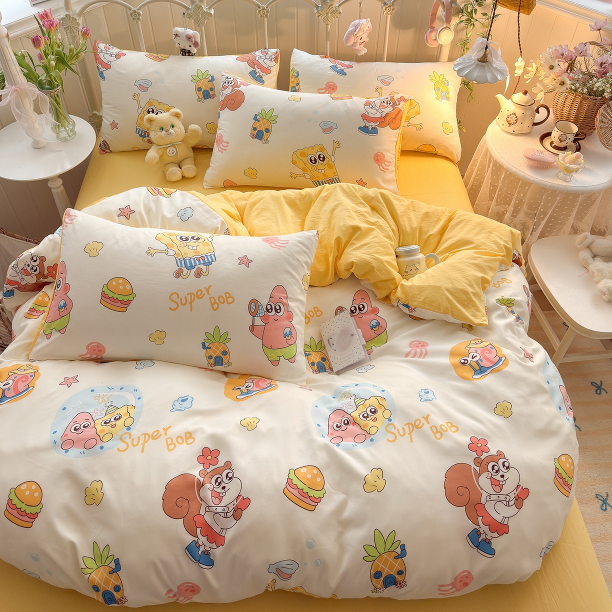 卡斯诺家纺馆 2026新款卡通水洗云朵棉四件套下载文件包含买家秀 海绵宝宝