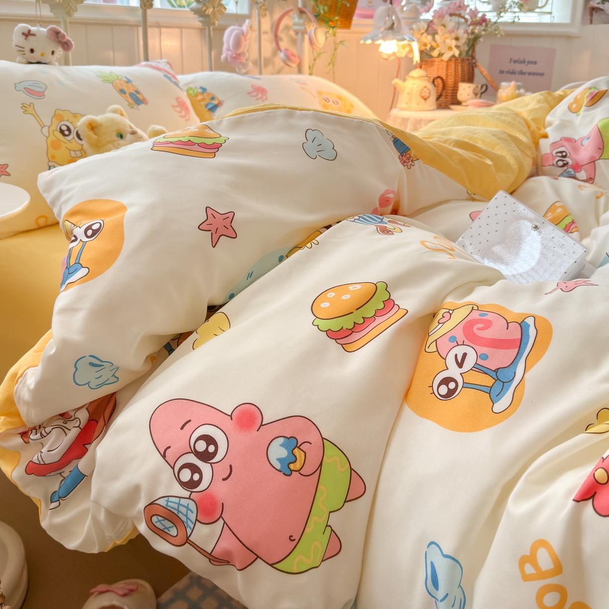 91家纺网 家纺一手货源 找家纺 卡斯诺家纺馆 2026新款卡通水洗云朵棉四件套下载文件包含买家秀 海绵宝宝