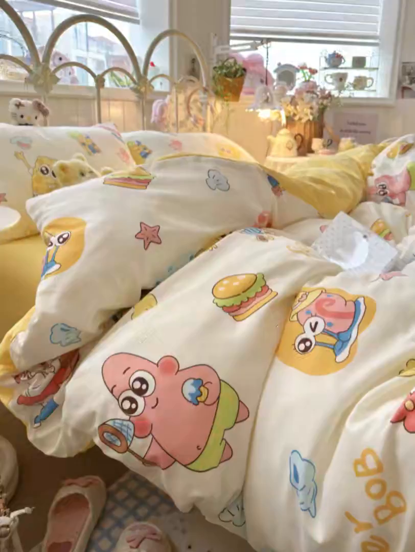 91家纺网 家纺一手货源 找家纺 卡斯诺家纺馆 2026新款卡通水洗云朵棉四件套下载文件包含买家秀 海绵宝宝