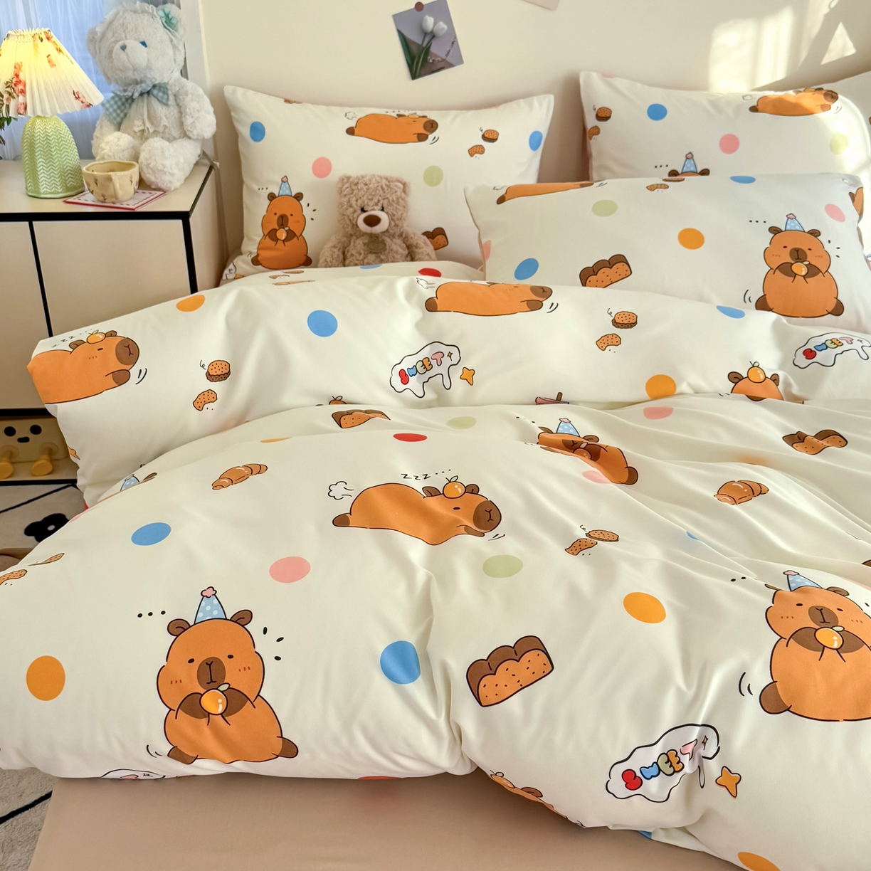 91家纺网 家纺一手货源 找家纺 卡斯诺家纺馆 2026新款卡通水洗云朵棉四件套下载文件包含买家秀 卡皮巴拉