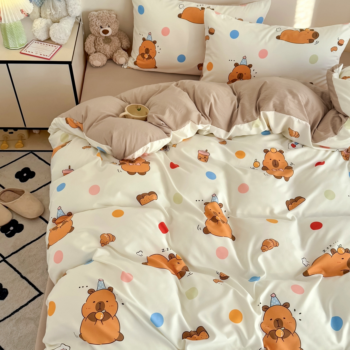 91家纺网 家纺一手货源 找家纺 卡斯诺家纺馆 2026新款卡通水洗云朵棉四件套下载文件包含买家秀 卡皮巴拉