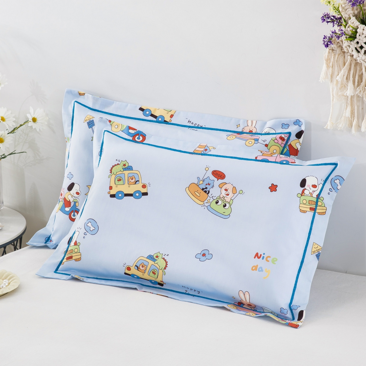 91家纺网 家纺一手货源 找家纺 乐秀家纺 2026新款卡通全棉枕套儿童幼儿园枕头欢乐碰碰车