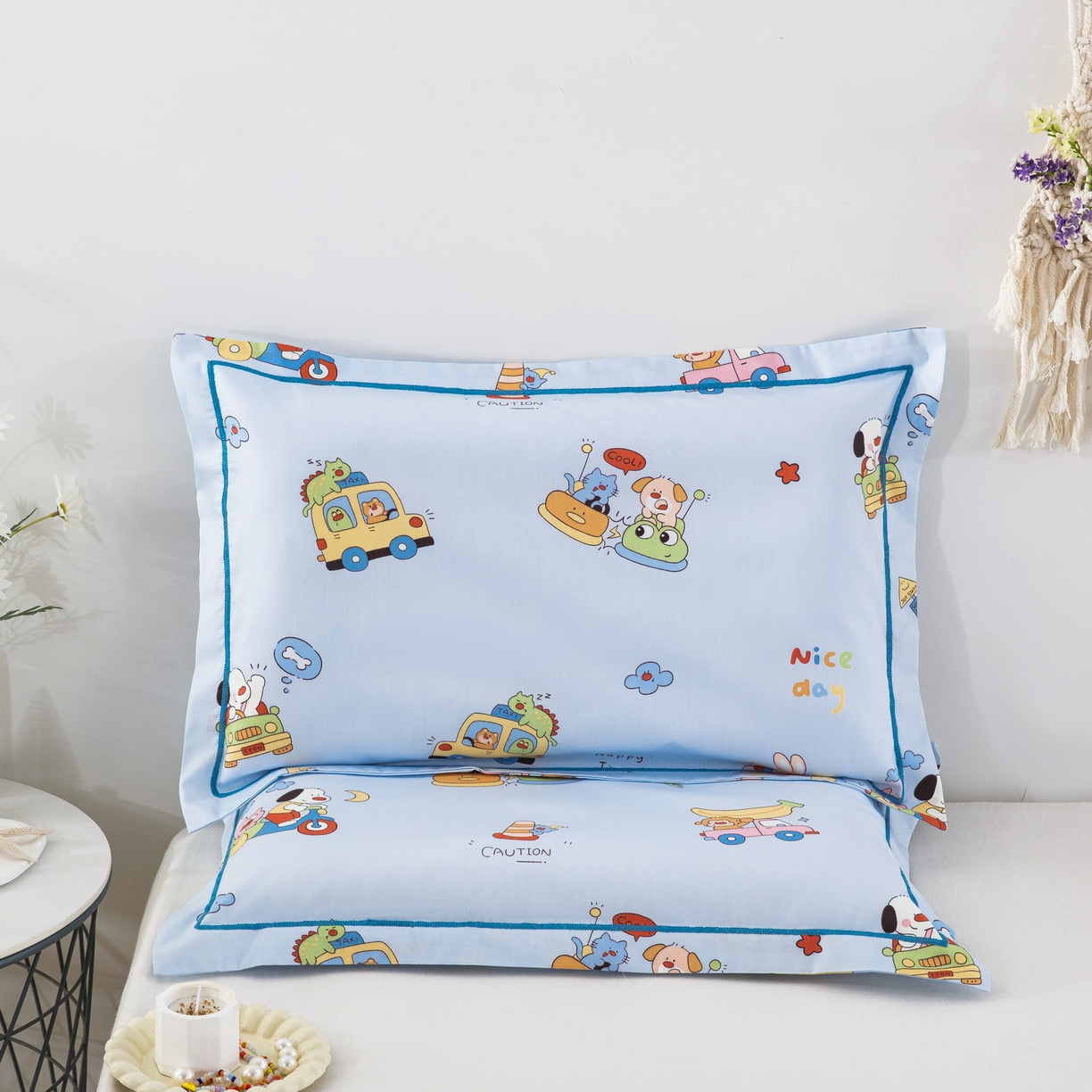 91家纺网 家纺一手货源 找家纺 乐秀家纺 2026新款卡通全棉枕套儿童幼儿园枕头欢乐碰碰车