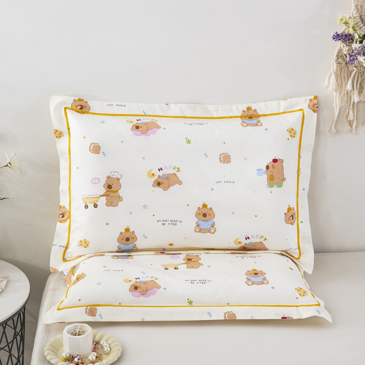 91家纺网 家纺一手货源 找家纺 乐秀家纺 2026新款卡通全棉枕套儿童幼儿园枕头开心卡皮巴拉