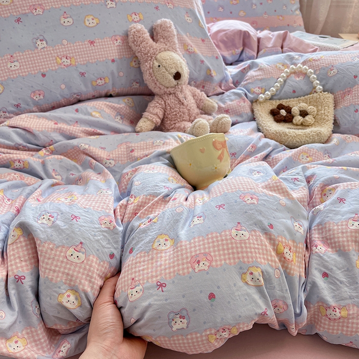 91家纺网 家纺一手货源 找家纺 优佳优品 【提供买家秀】2026新款加厚水洗仿棉A类印花四件套 糖果喵咪