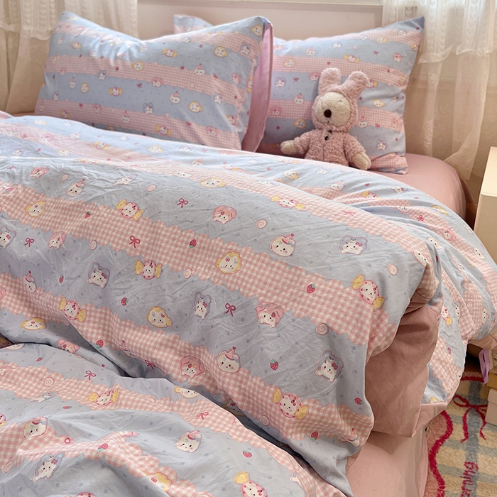 91家纺网 家纺一手货源 找家纺 优佳优品 【提供买家秀】2026新款加厚水洗仿棉A类印花四件套 糖果喵咪