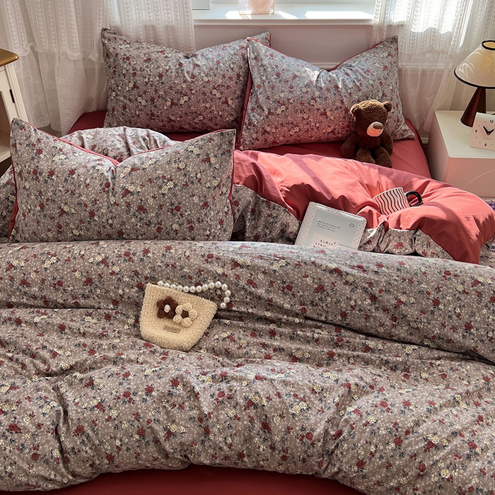 91家纺网 家纺一手货源 找家纺 优尚佳生活馆 【提供买家秀】2026新款加厚水洗仿棉A类印花四件套 酒红碎花