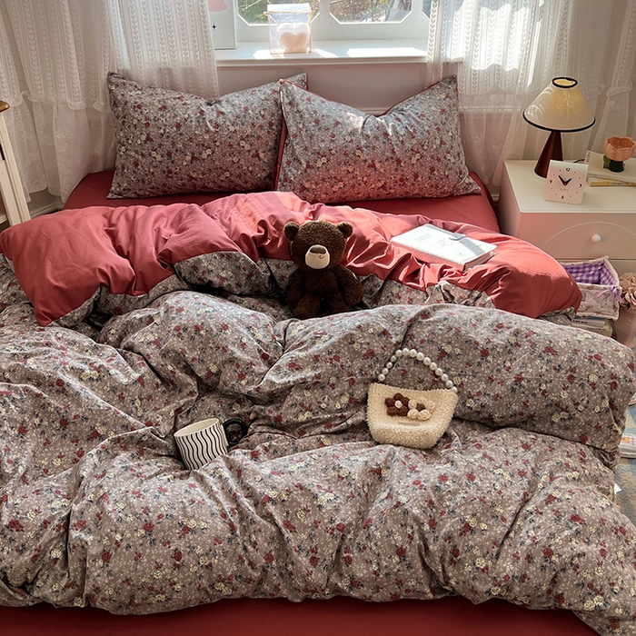 91家纺网 家纺一手货源 找家纺 优尚佳生活馆 【提供买家秀】2026新款加厚水洗仿棉A类印花四件套 酒红碎花