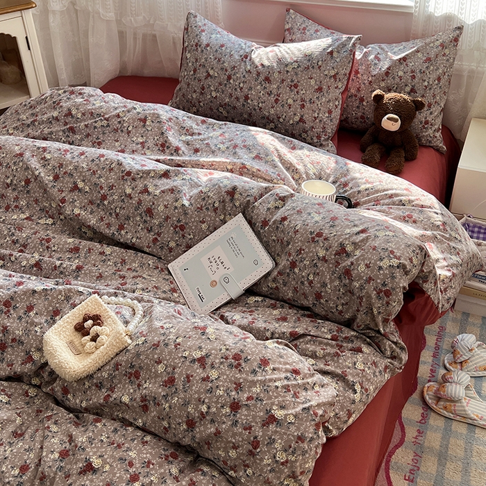 91家纺网 家纺一手货源 找家纺 优尚佳生活馆 【提供买家秀】2026新款加厚水洗仿棉A类印花四件套 酒红碎花