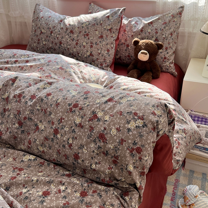 91家纺网 家纺一手货源 找家纺 优尚佳生活馆 【提供买家秀】2026新款加厚水洗仿棉A类印花四件套 酒红碎花