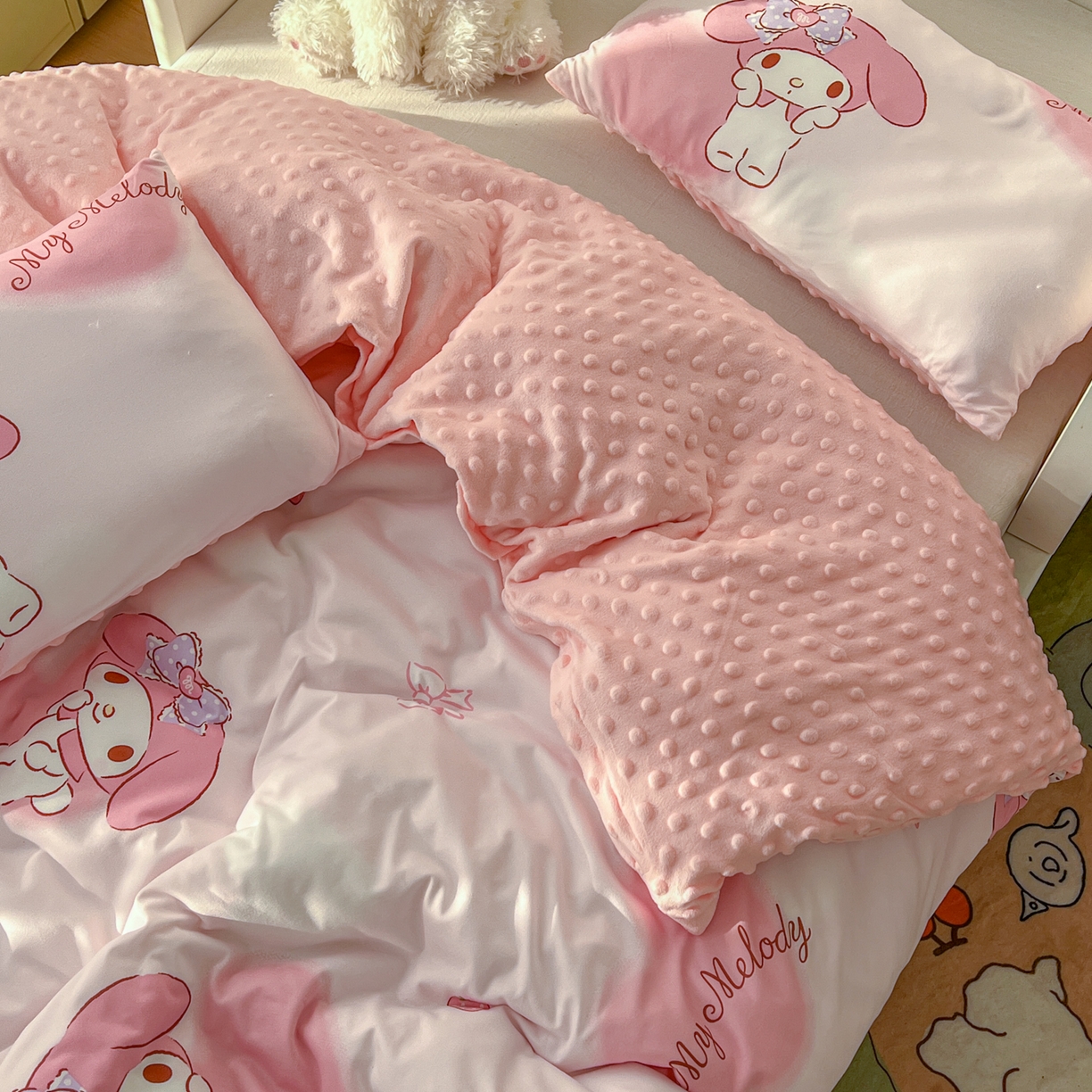 91家纺网 家纺一手货源 找家纺 希诺家居 2026新款三丽鸥针织豆豆多功能盖毯可拆卸被子被套儿童学生被子 爱心美乐蒂