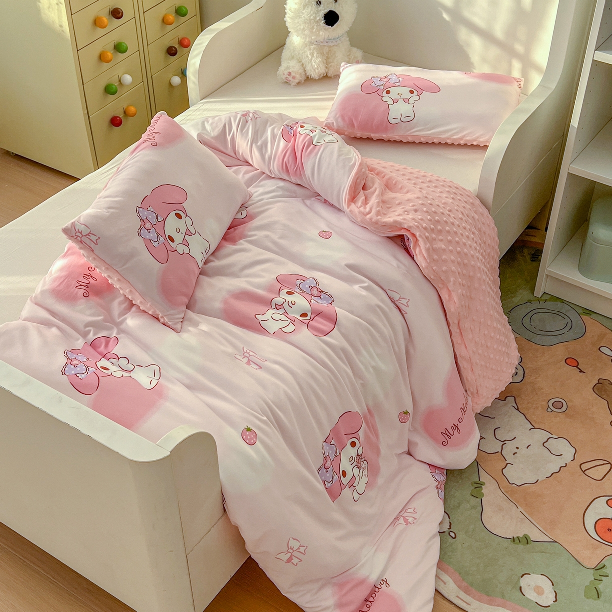 91家纺网 家纺一手货源 找家纺 希诺家居 2026新款三丽鸥针织豆豆多功能盖毯可拆卸被子被套儿童学生被子 爱心美乐蒂