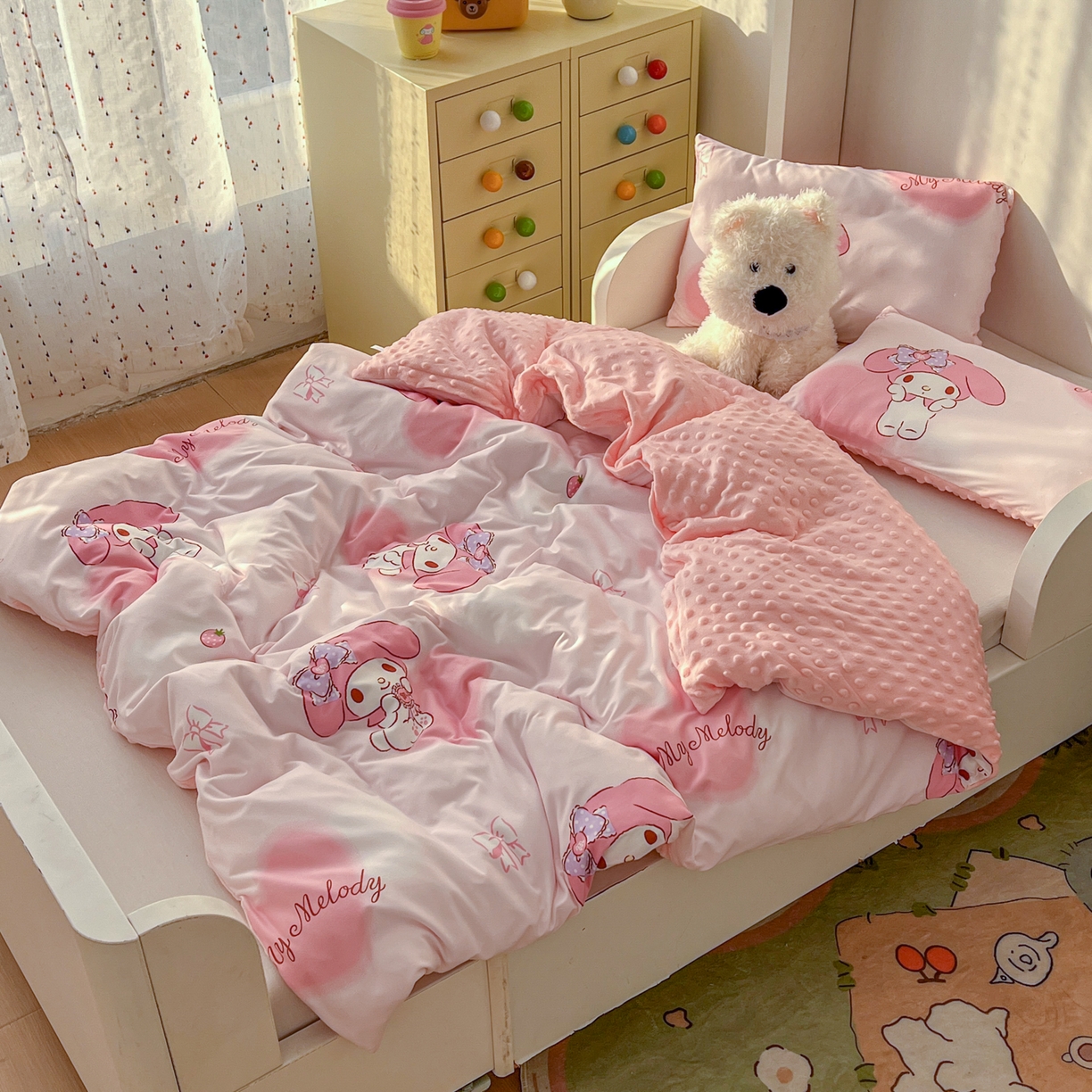 91家纺网 家纺一手货源 找家纺 希诺家居 2026新款三丽鸥针织豆豆多功能盖毯可拆卸被子被套儿童学生被子 爱心美乐蒂