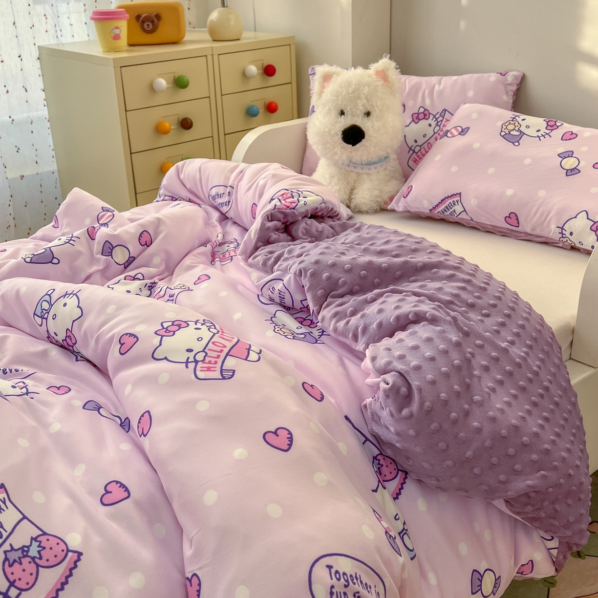 91家纺网 家纺一手货源 找家纺 希诺家居 2026新款三丽鸥针织豆豆多功能盖毯可拆卸被子被套儿童学生被子 紫色kt