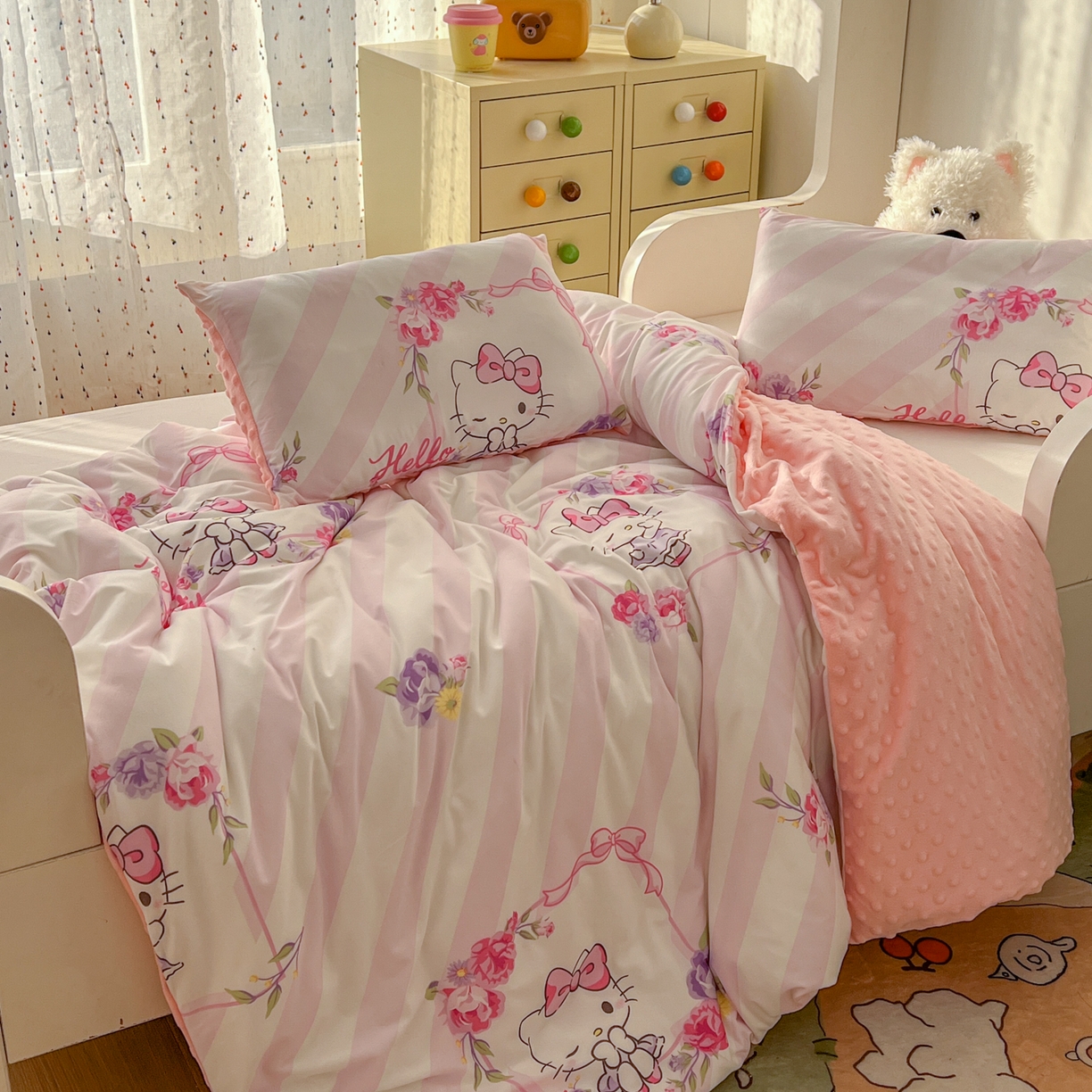 91家纺网 家纺一手货源 找家纺 希诺家居 2026新款三丽鸥针织豆豆多功能盖毯可拆卸被子被套儿童学生被子 条纹kt