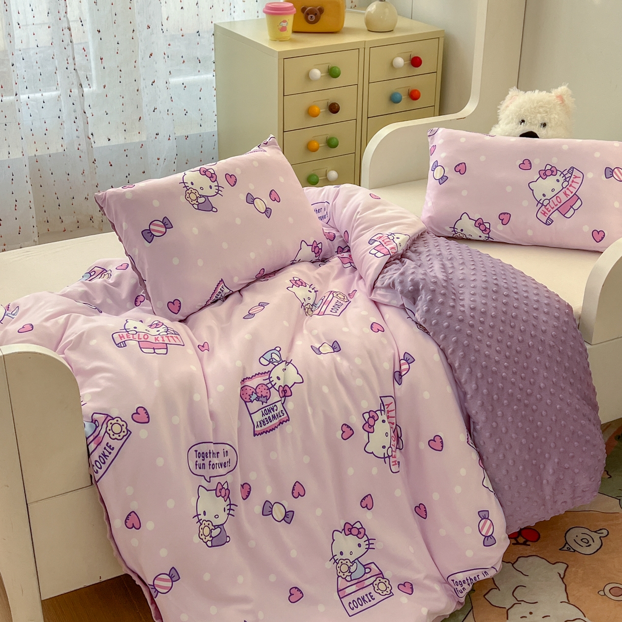 91家纺网 家纺一手货源 找家纺 希诺家居 2026新款三丽鸥针织豆豆多功能盖毯可拆卸被子被套儿童学生被子 紫色kt