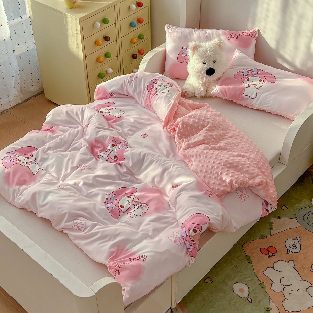 91家纺网 家纺一手货源 找家纺 希诺家居 2026新款三丽鸥针织豆豆多功能盖毯可拆卸被子被套儿童学生被子 爱心美乐蒂