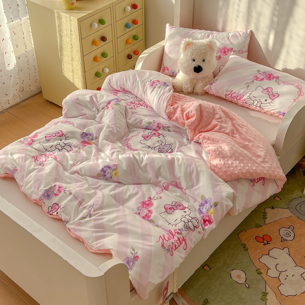 91家纺网 家纺一手货源 找家纺 希诺家居 2026新款三丽鸥针织豆豆多功能盖毯可拆卸被子被套儿童学生被子 条纹kt