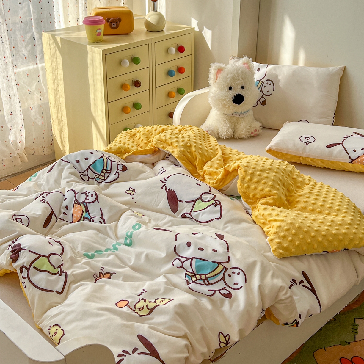 91家纺网 家纺一手货源 找家纺 希诺家居 2026新款三丽鸥针织豆豆多功能盖毯可拆卸被子被套儿童学生被子 调皮帕恰狗