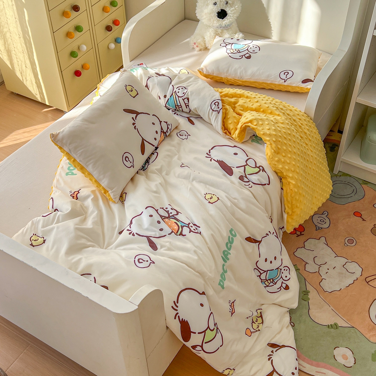 91家纺网 家纺一手货源 找家纺 希诺家居 2026新款三丽鸥针织豆豆多功能盖毯可拆卸被子被套儿童学生被子 调皮帕恰狗