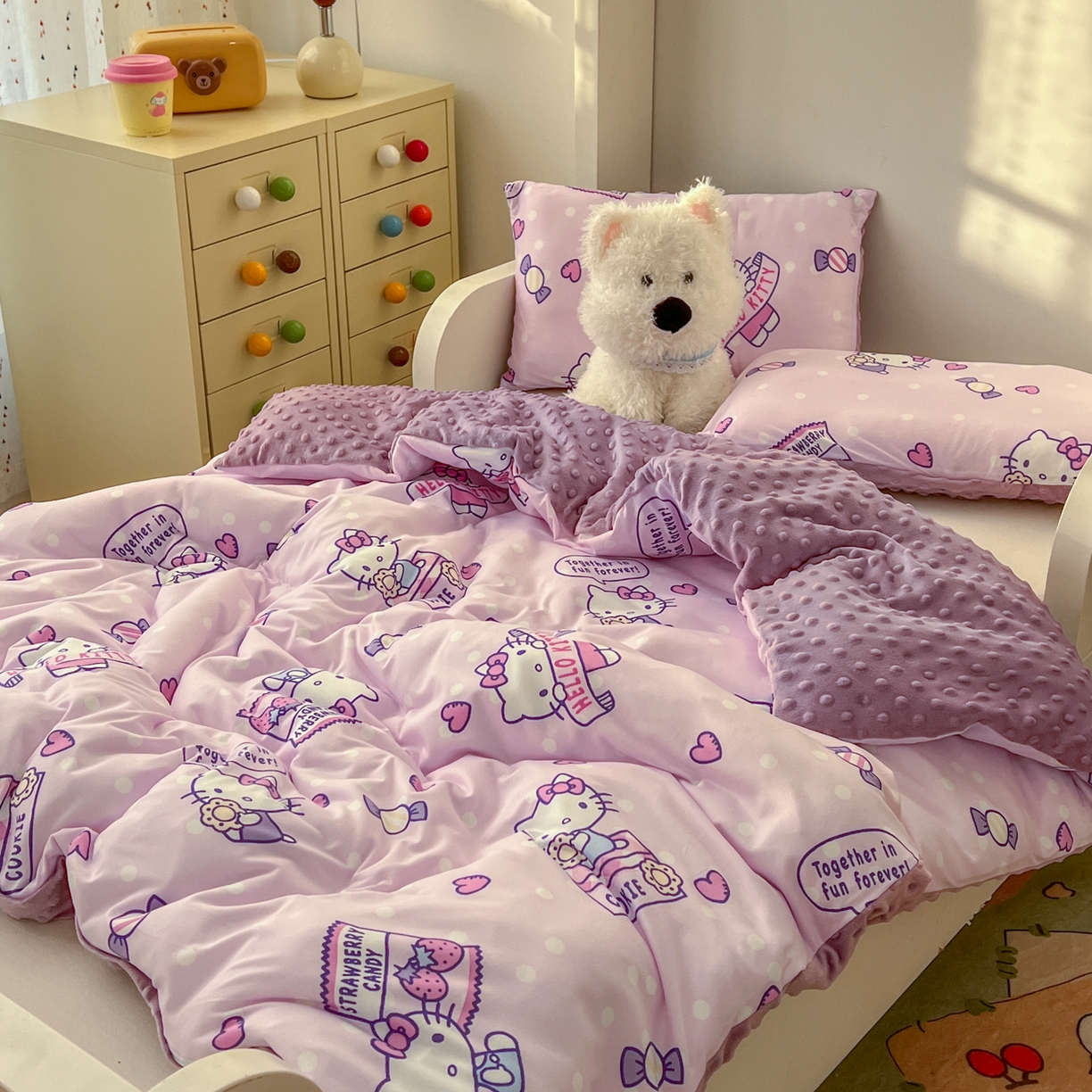 91家纺网 家纺一手货源 找家纺 希诺家居 2026新款三丽鸥针织豆豆多功能盖毯可拆卸被子被套儿童学生被子 紫色kt