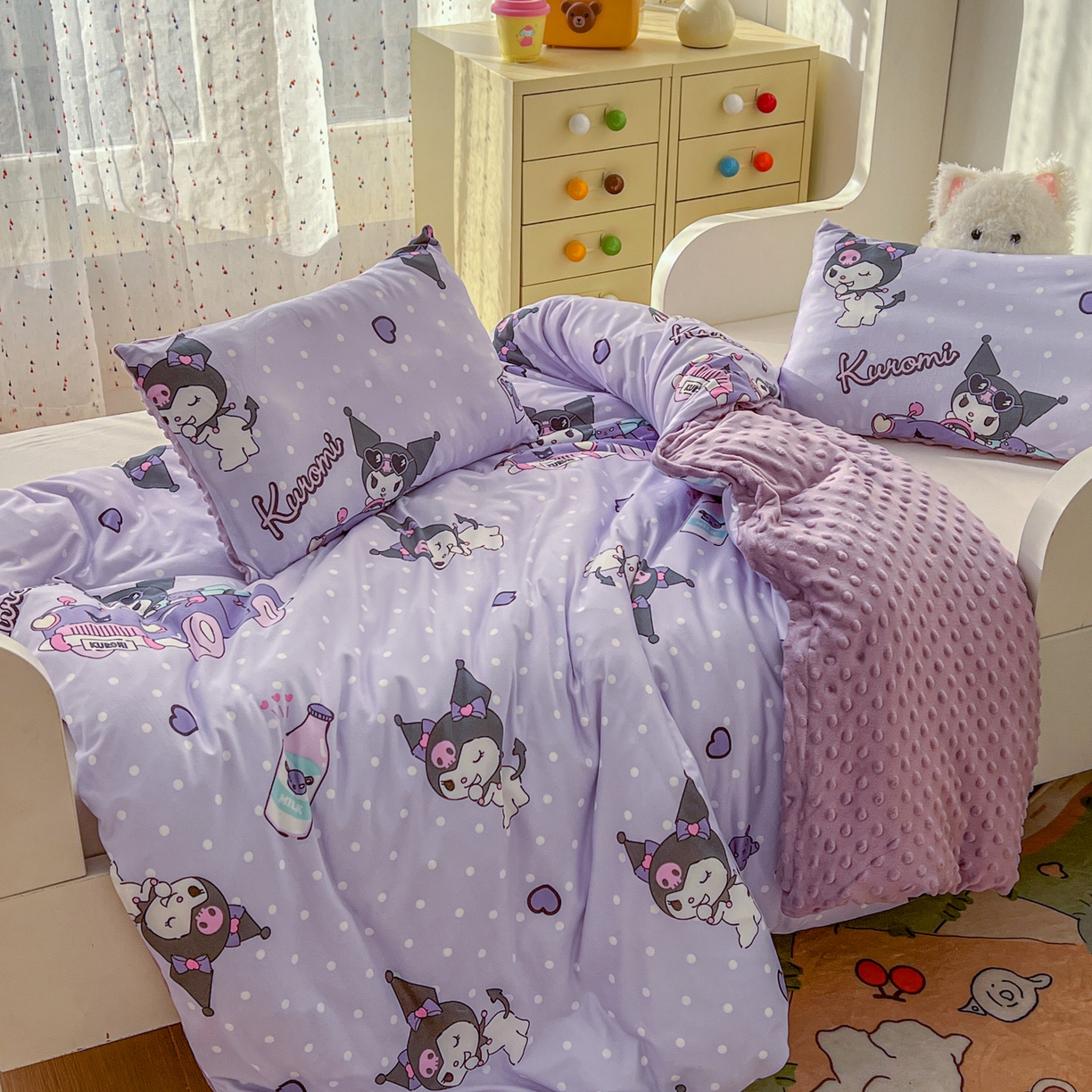 91家纺网 家纺一手货源 找家纺 希诺家居 2026新款三丽鸥针织豆豆多功能盖毯可拆卸被子被套儿童学生被子 汽车库洛米