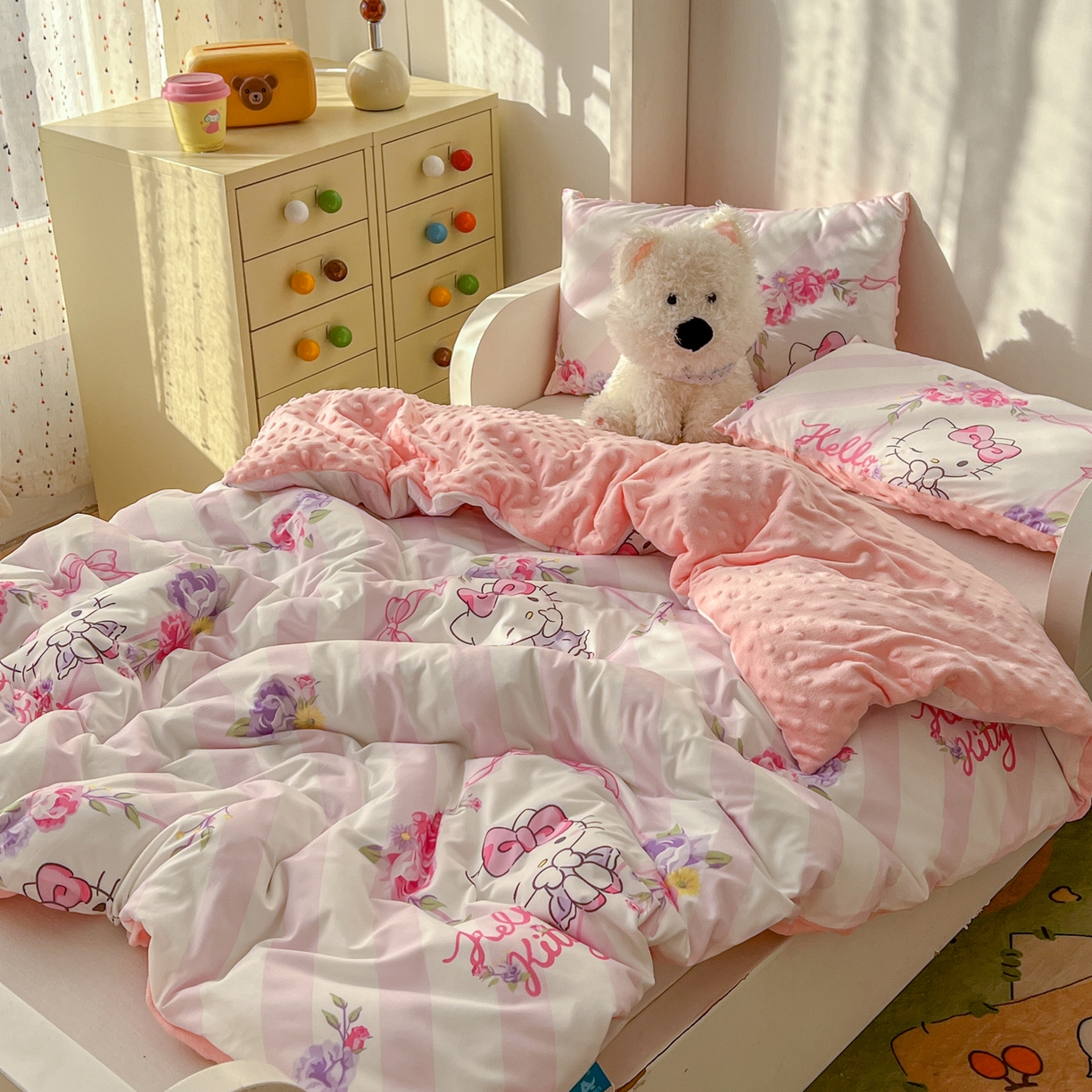 91家纺网 家纺一手货源 找家纺 希诺家居 2026新款三丽鸥针织豆豆多功能盖毯可拆卸被子被套儿童学生被子 条纹kt