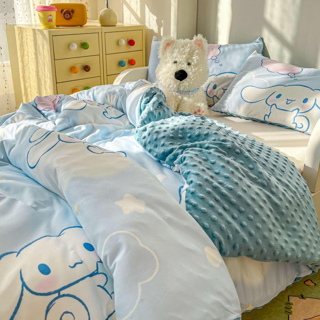 91家纺网 家纺一手货源 找家纺 希诺家居 2026新款三丽鸥针织豆豆多功能盖毯可拆卸被子被套儿童学生被子 云朵大耳狗