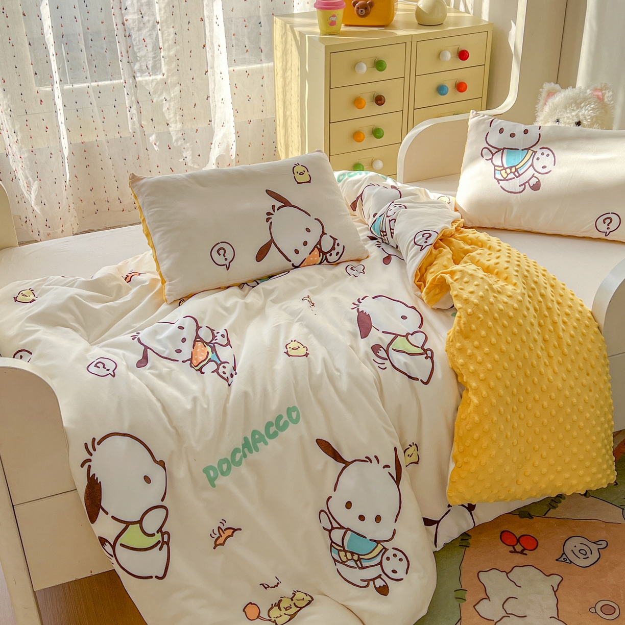 91家纺网 家纺一手货源 找家纺 希诺家居 2026新款三丽鸥针织豆豆多功能盖毯可拆卸被子被套儿童学生被子 调皮帕恰狗