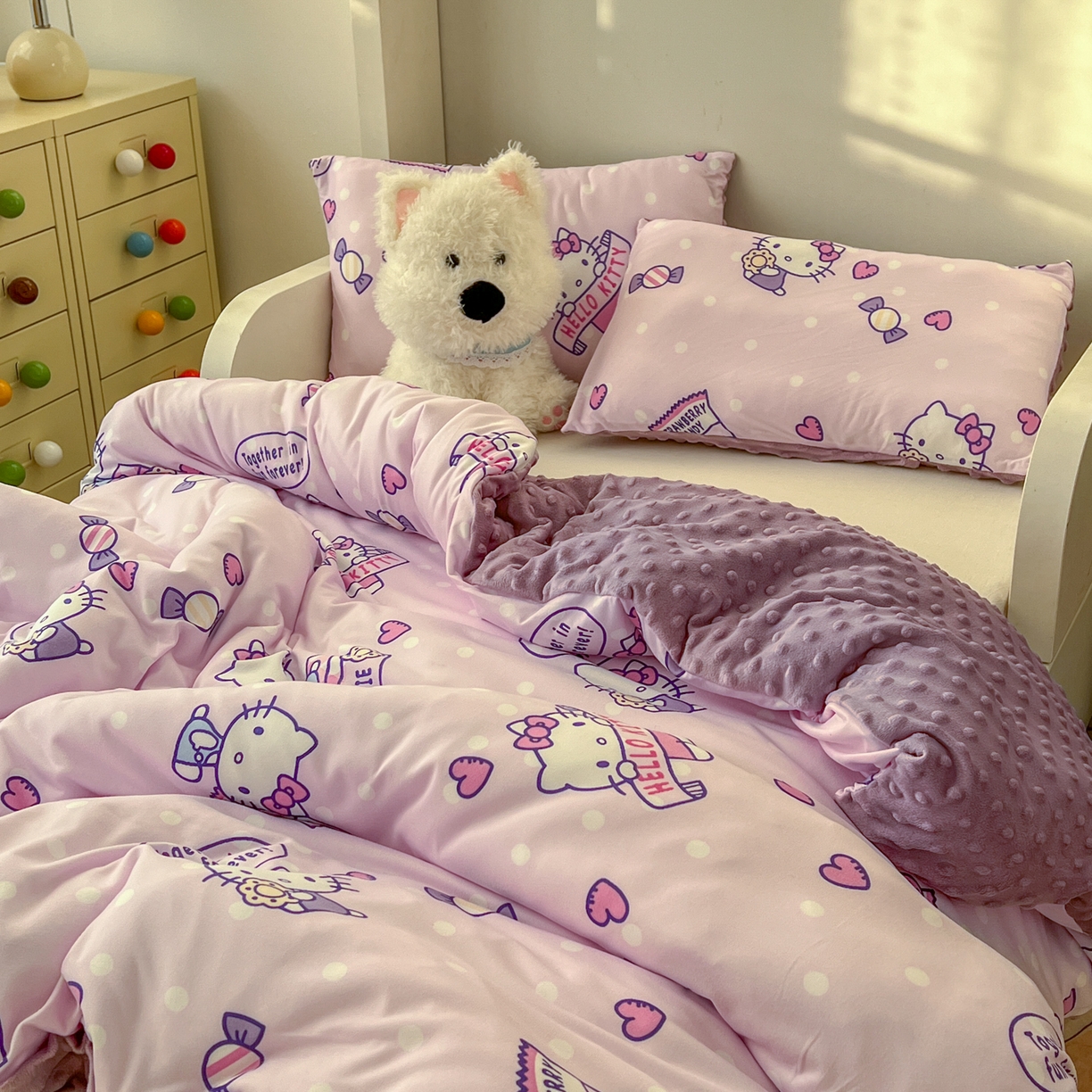 91家纺网 家纺一手货源 找家纺 希诺家居 2026新款三丽鸥针织豆豆多功能盖毯可拆卸被子被套儿童学生被子 紫色kt