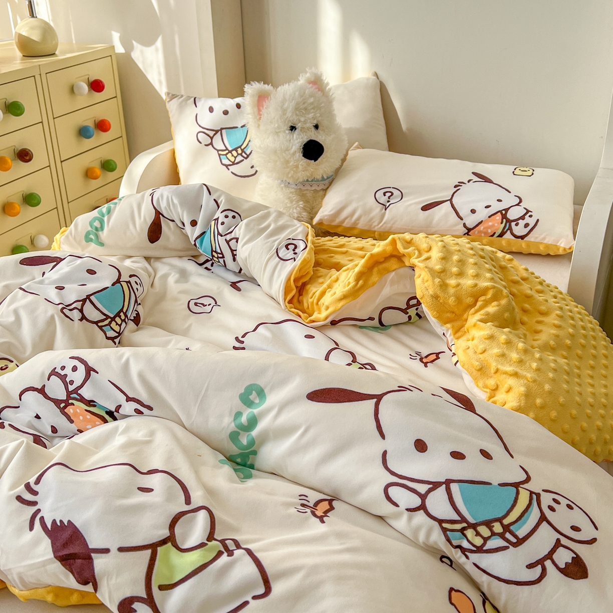 91家纺网 家纺一手货源 找家纺 希诺家居 2026新款三丽鸥针织豆豆多功能盖毯可拆卸被子被套儿童学生被子 调皮帕恰狗