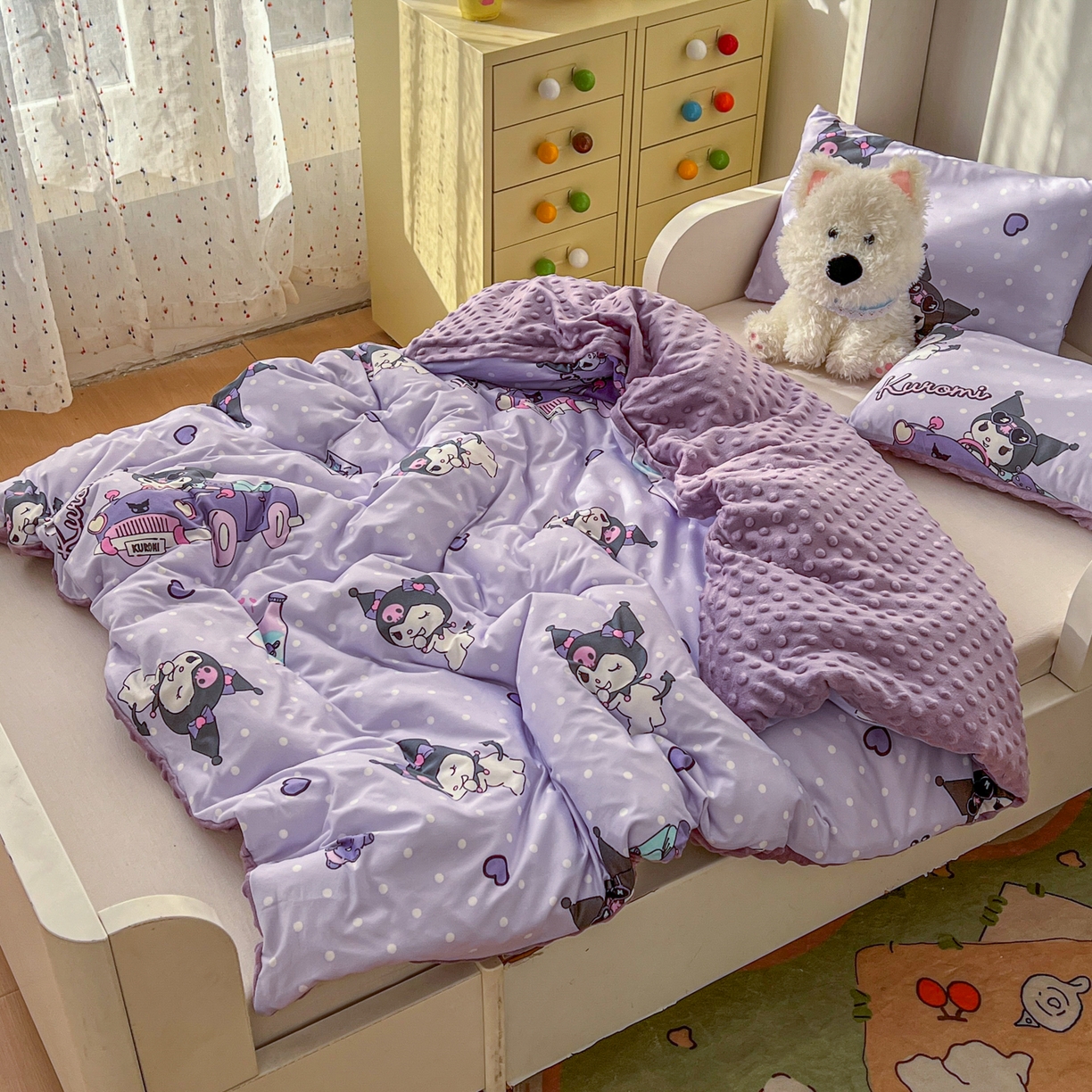 91家纺网 家纺一手货源 找家纺 希诺家居 2026新款三丽鸥针织豆豆多功能盖毯可拆卸被子被套儿童学生被子 汽车库洛米