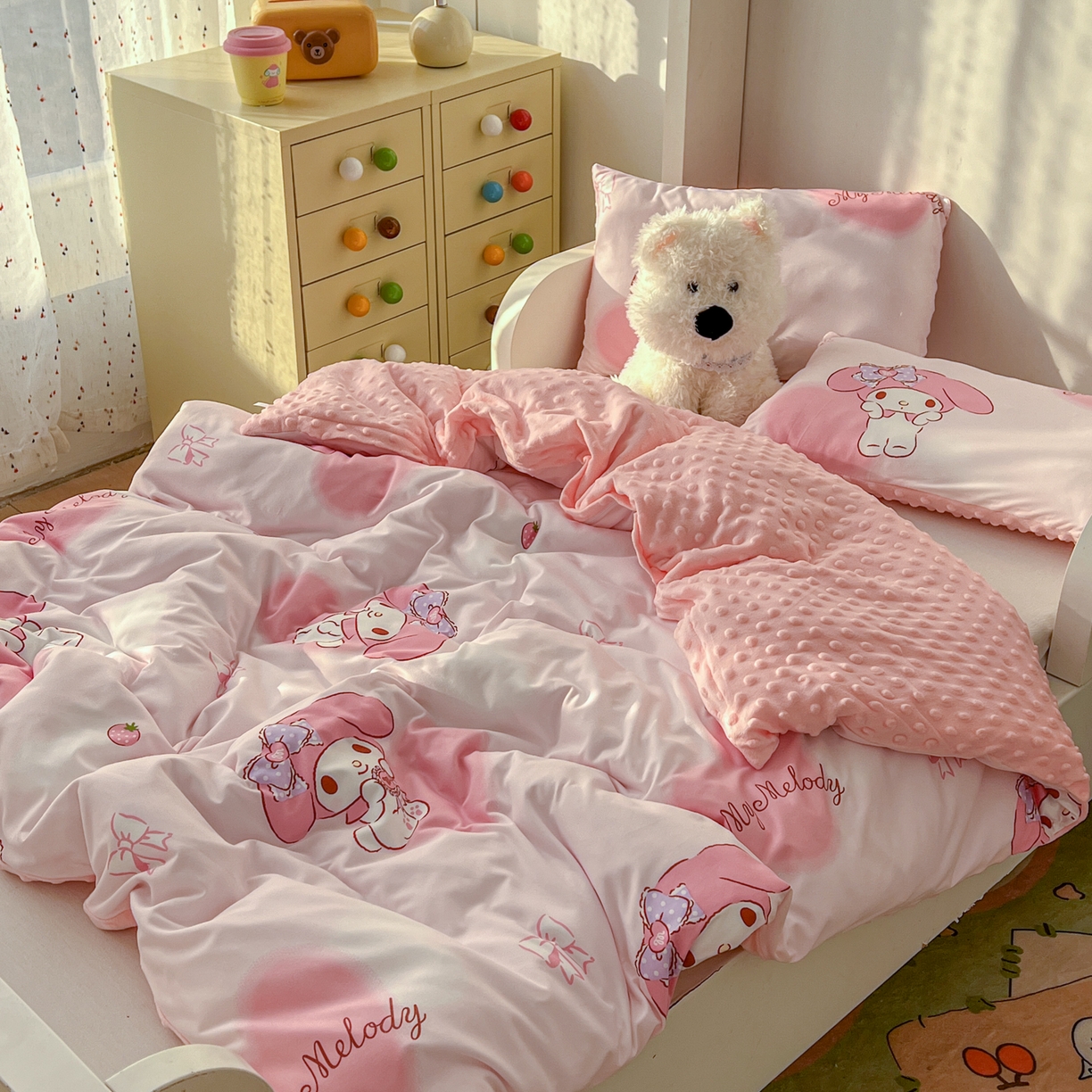 91家纺网 家纺一手货源 找家纺 希诺家居 2026新款三丽鸥针织豆豆多功能盖毯可拆卸被子被套儿童学生被子 爱心美乐蒂