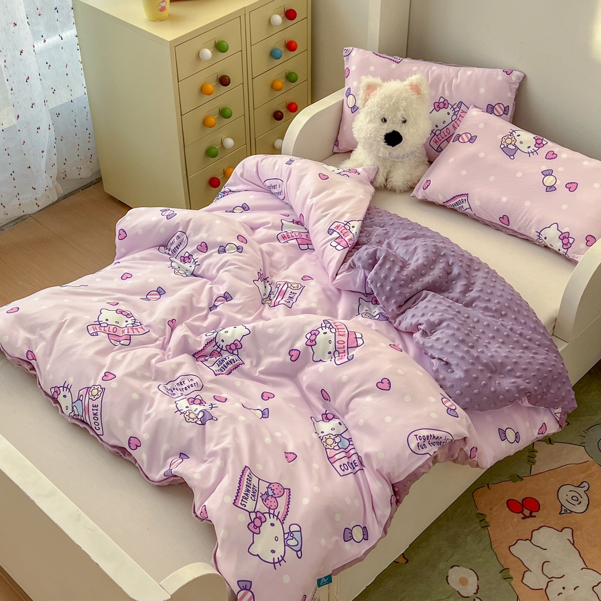 91家纺网 家纺一手货源 找家纺 希诺家居 2026新款三丽鸥针织豆豆多功能盖毯可拆卸被子被套儿童学生被子 紫色kt