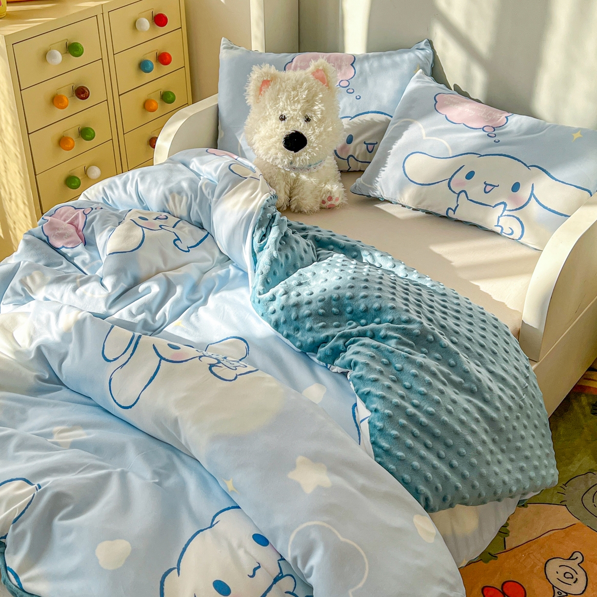 91家纺网 家纺一手货源 找家纺 希诺家居 2026新款三丽鸥针织豆豆多功能盖毯可拆卸被子被套儿童学生被子 云朵大耳狗