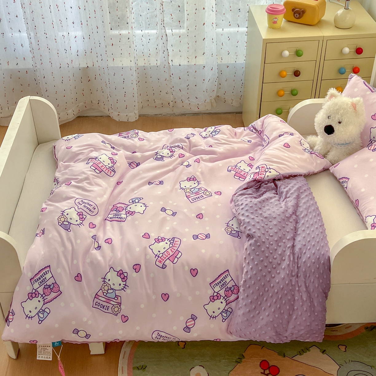 91家纺网 家纺一手货源 找家纺 希诺家居 2026新款三丽鸥针织豆豆多功能盖毯可拆卸被子被套儿童学生被子 紫色kt