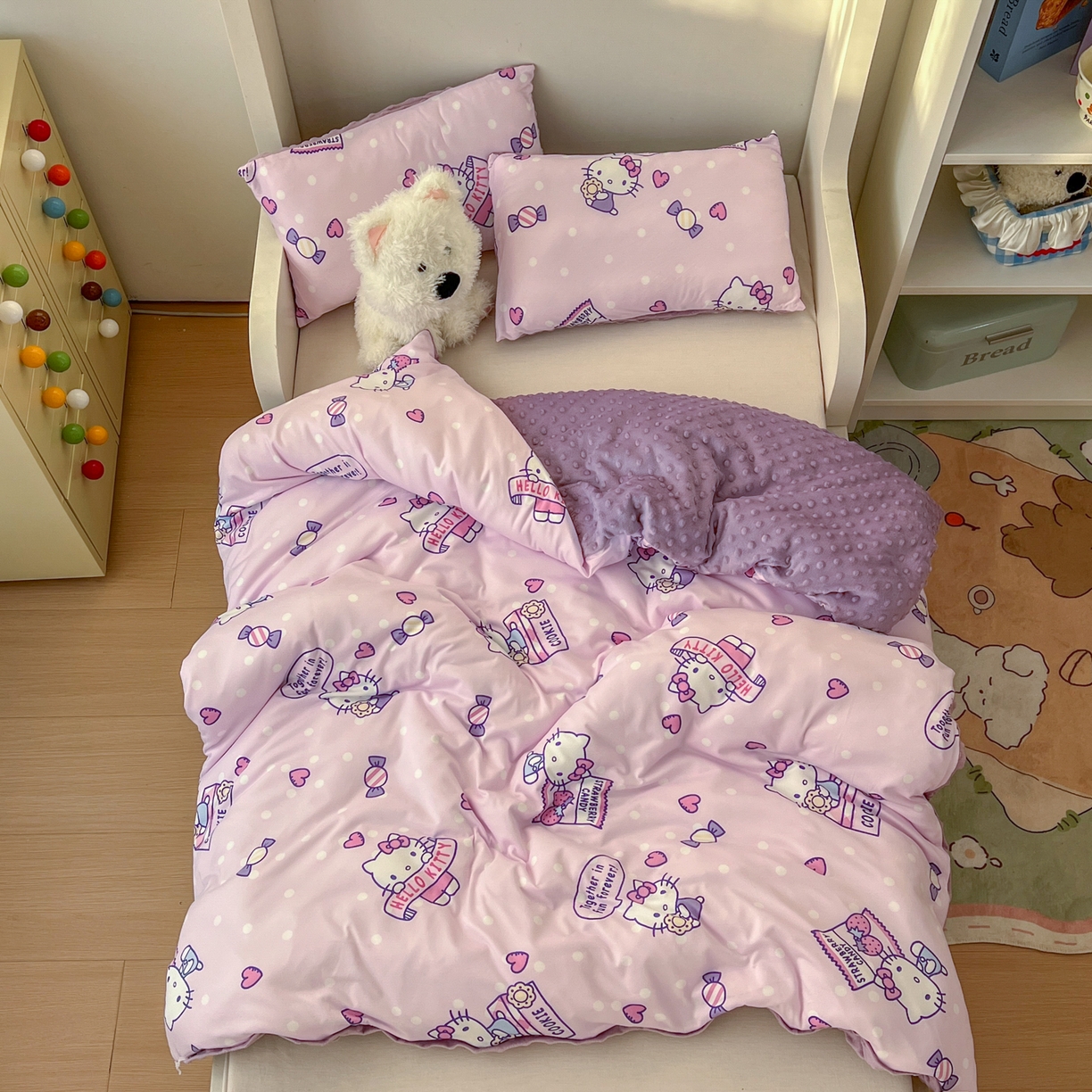 91家纺网 家纺一手货源 找家纺 希诺家居 2026新款三丽鸥针织豆豆多功能盖毯可拆卸被子被套儿童学生被子 紫色kt