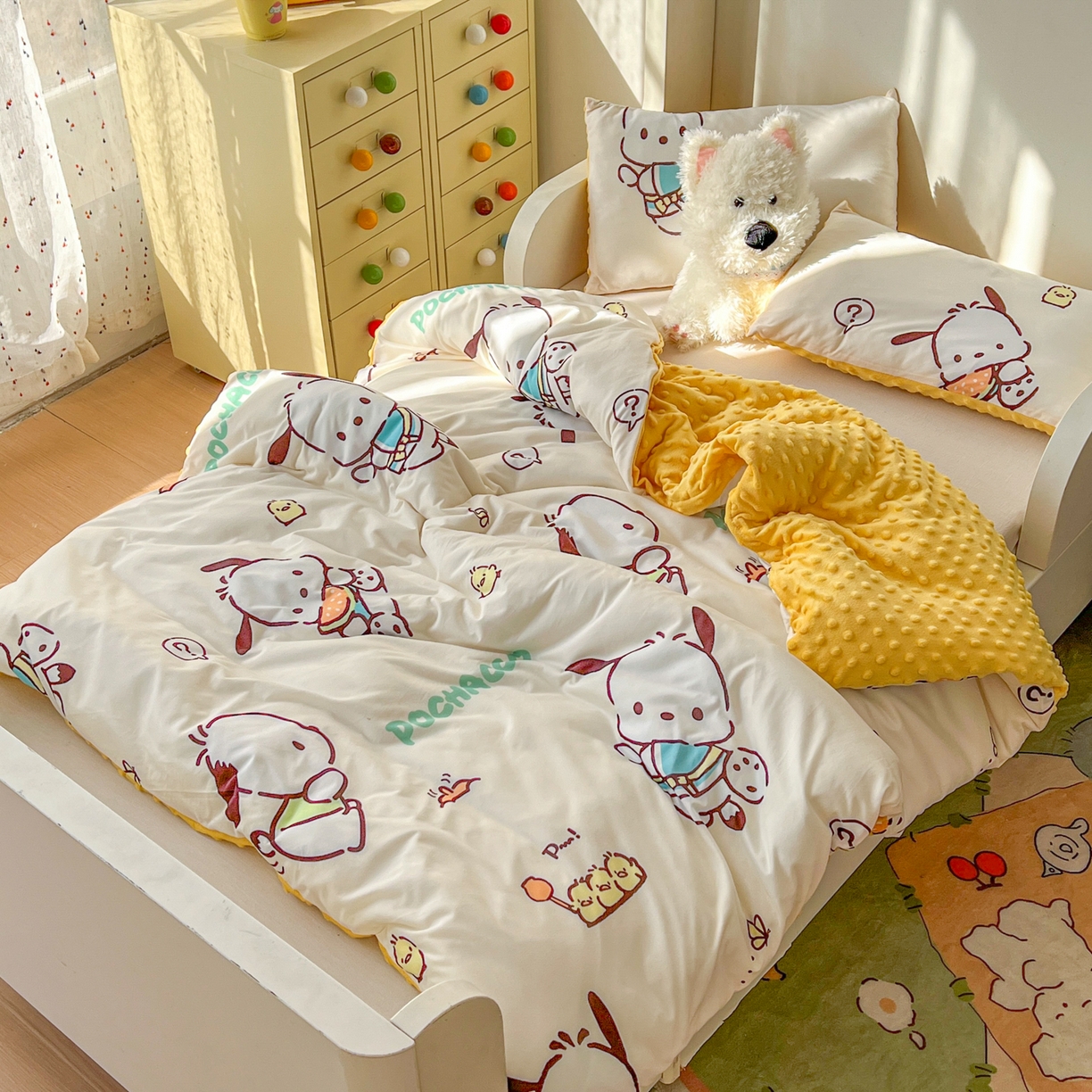 91家纺网 家纺一手货源 找家纺 希诺家居 2026新款三丽鸥针织豆豆多功能盖毯可拆卸被子被套儿童学生被子 调皮帕恰狗