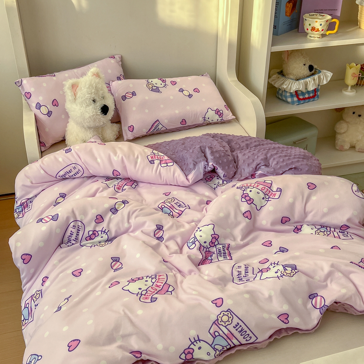 91家纺网 家纺一手货源 找家纺 希诺家居 2026新款三丽鸥针织豆豆多功能盖毯可拆卸被子被套儿童学生被子 紫色kt