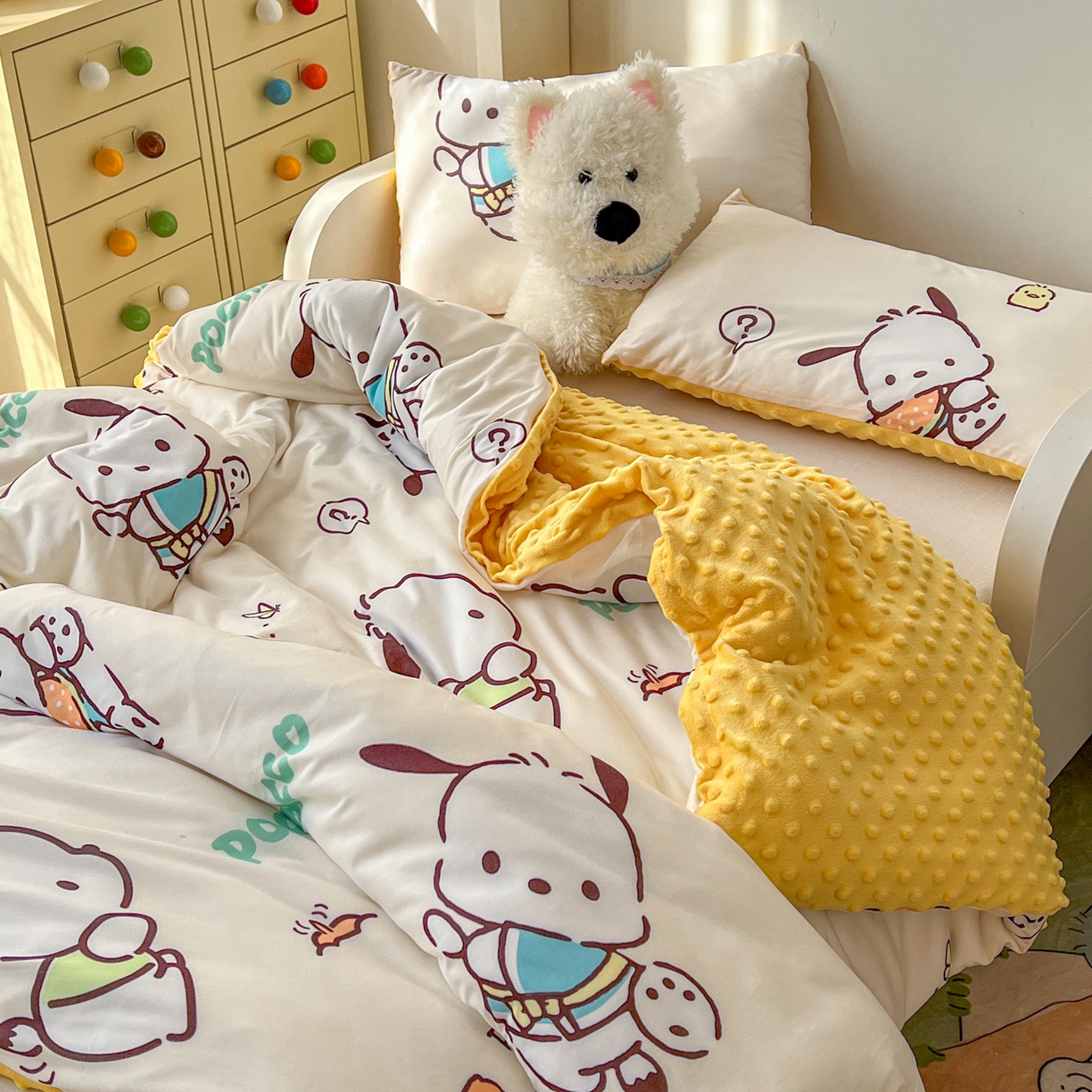 91家纺网 家纺一手货源 找家纺 希诺家居 2026新款三丽鸥针织豆豆多功能盖毯可拆卸被子被套儿童学生被子 调皮帕恰狗
