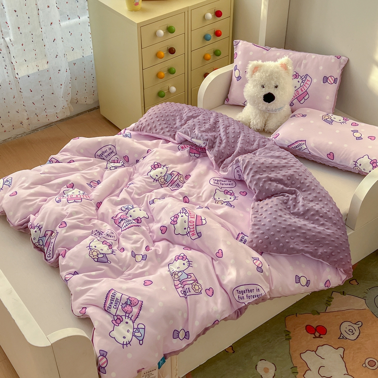 91家纺网 家纺一手货源 找家纺 希诺家居 2026新款三丽鸥针织豆豆多功能盖毯可拆卸被子被套儿童学生被子 紫色kt