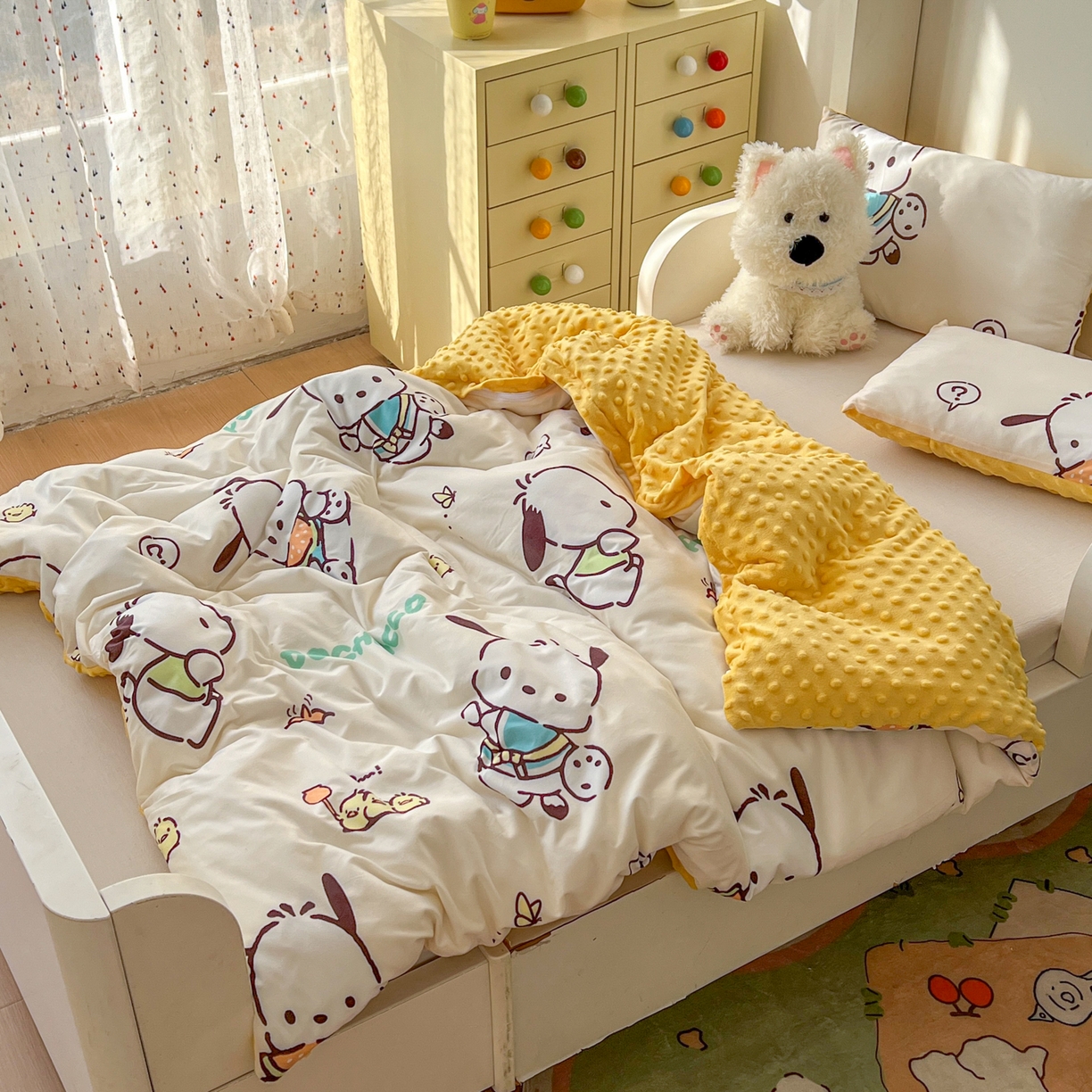 91家纺网 家纺一手货源 找家纺 希诺家居 2026新款三丽鸥针织豆豆多功能盖毯可拆卸被子被套儿童学生被子 调皮帕恰狗