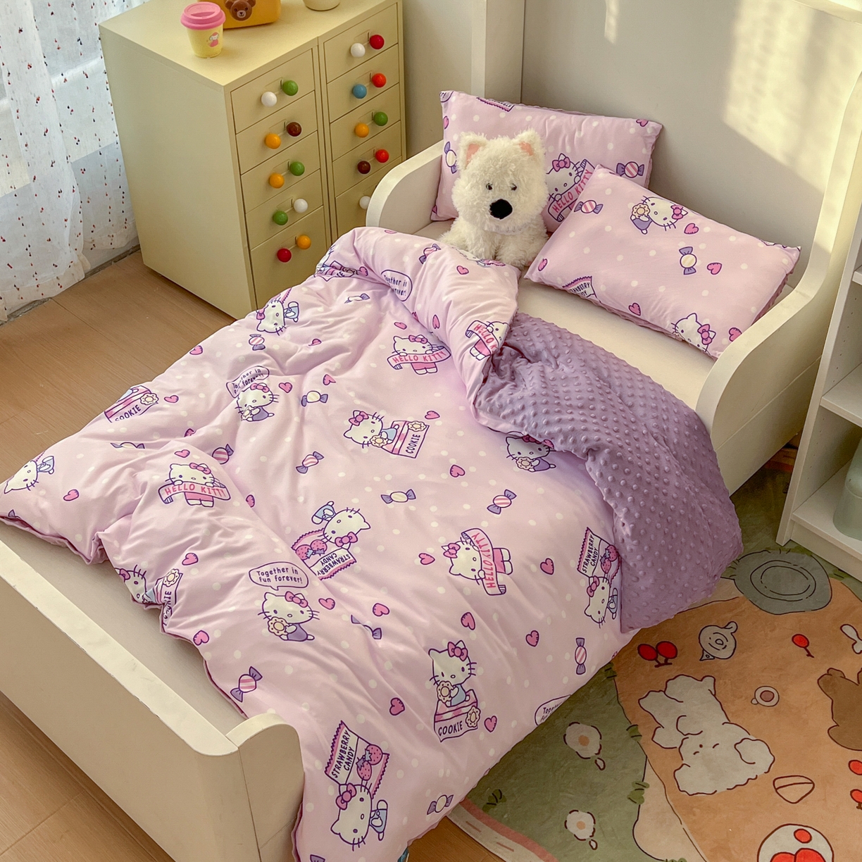 91家纺网 家纺一手货源 找家纺 希诺家居 2026新款三丽鸥针织豆豆多功能盖毯可拆卸被子被套儿童学生被子 紫色kt