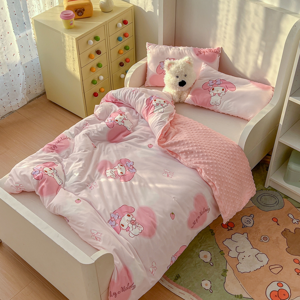 91家纺网 家纺一手货源 找家纺 希诺家居 2026新款三丽鸥针织豆豆多功能盖毯可拆卸被子被套儿童学生被子 爱心美乐蒂