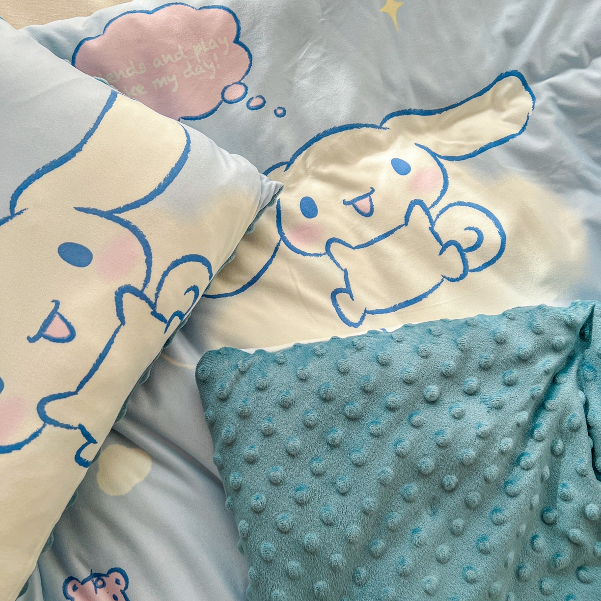 91家纺网 家纺一手货源 找家纺 希诺家居 2026新款三丽鸥针织豆豆多功能盖毯可拆卸被子被套儿童学生被子 云朵大耳狗