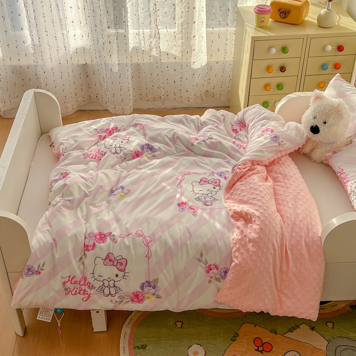 91家纺网 家纺一手货源 找家纺 希诺家居 2026新款三丽鸥针织豆豆多功能盖毯可拆卸被子被套儿童学生被子 条纹kt