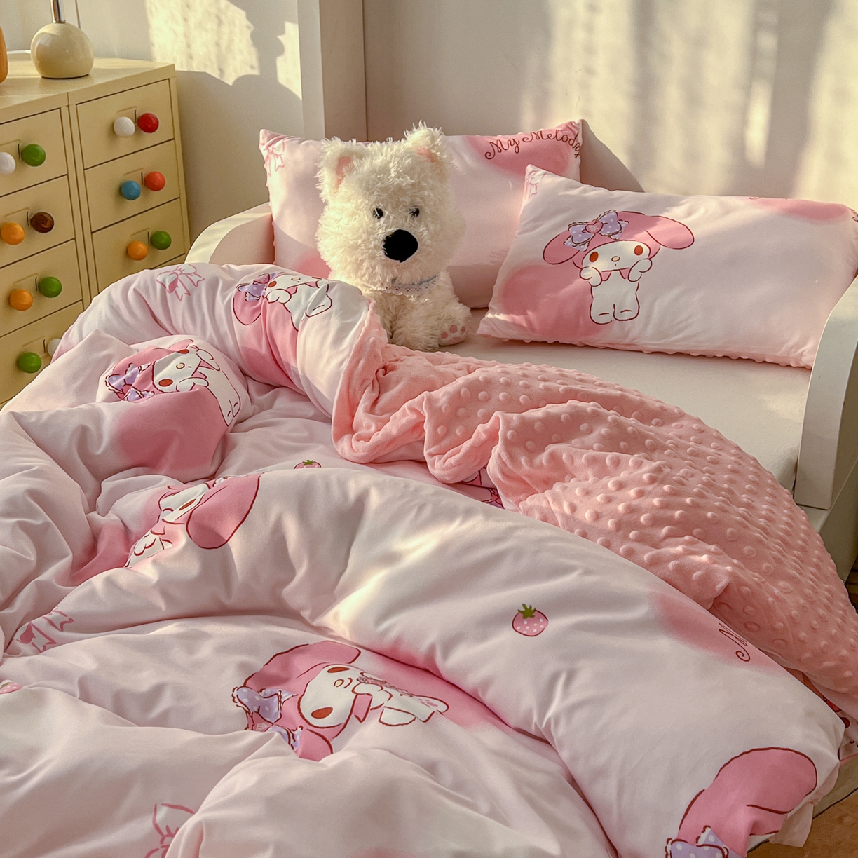 91家纺网 家纺一手货源 找家纺 希诺家居 2026新款三丽鸥针织豆豆多功能盖毯可拆卸被子被套儿童学生被子 爱心美乐蒂