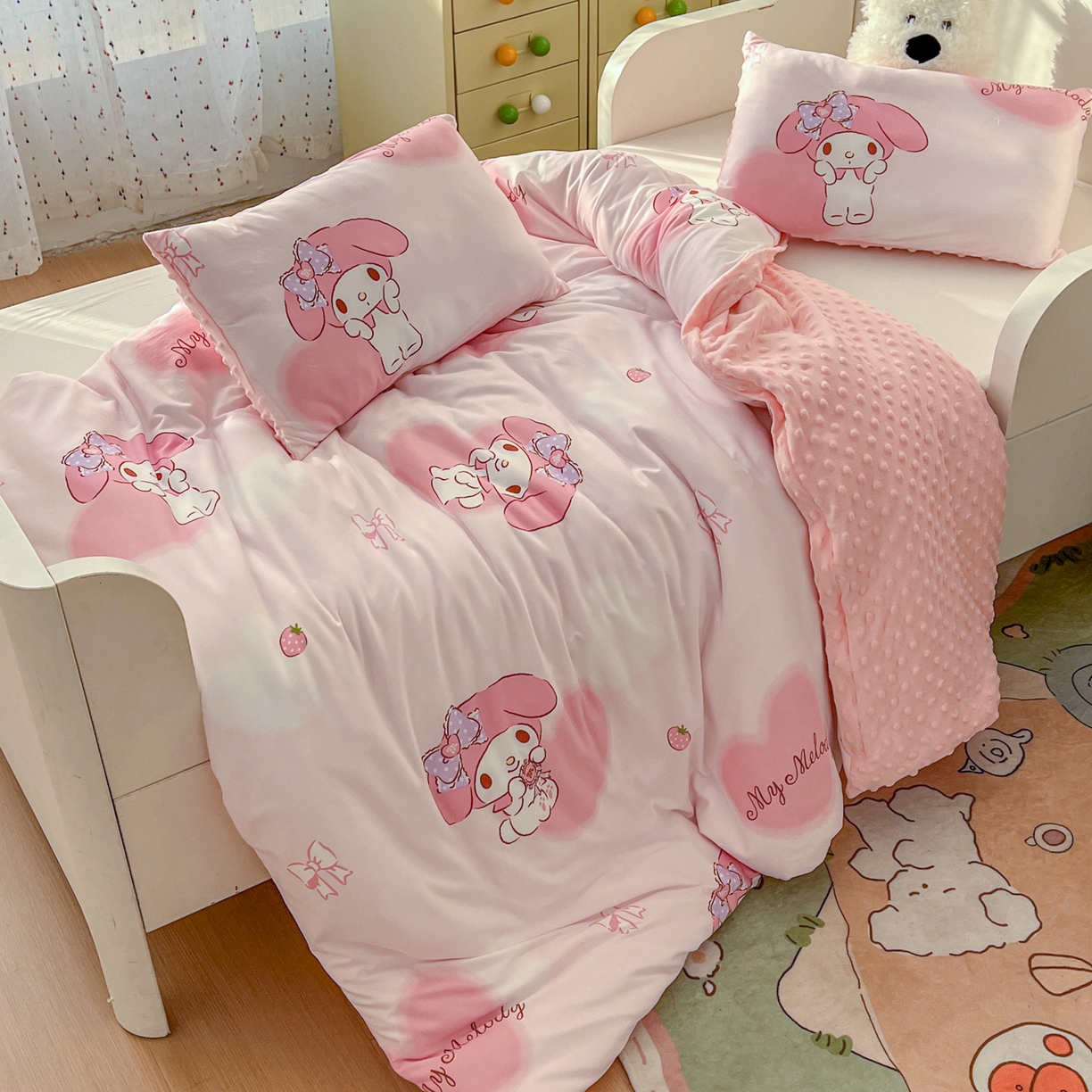 91家纺网 家纺一手货源 找家纺 希诺家居 2026新款三丽鸥针织豆豆多功能盖毯可拆卸被子被套儿童学生被子 爱心美乐蒂