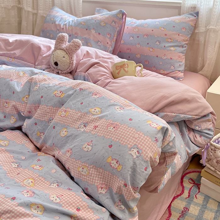 91家纺网 家纺一手货源 找家纺 优尚佳生活馆 【提供买家秀】2026新款加厚水洗仿棉A类印花四件套 糖果喵咪